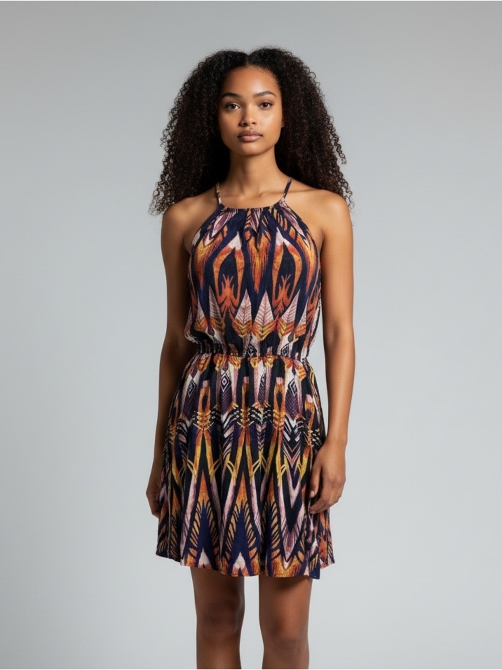 Sleeveless Halter Mini Dress Navy Multi Print Open Back Elastic Waist Size Small